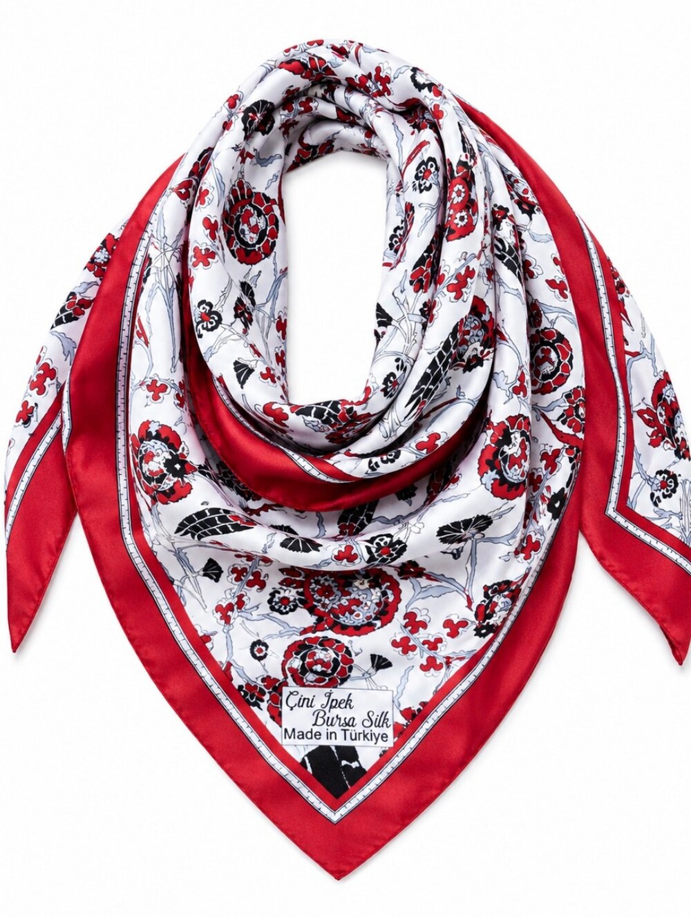 Bursa Silk Turkish Floral Scarf Red White Square Head Scarf Shawl